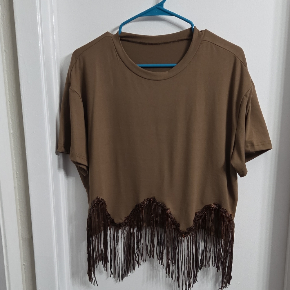 SHEIN Brown Fringe Hem Crop Top